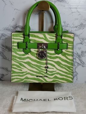 Michael Kors Small Hamilton Jungle Green Zebra Print Calf Hair Satchel NWT